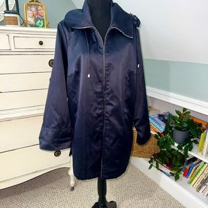 Dennis by Dennis Basso Navy Satin Jacket Womens Coat with Hood Size L